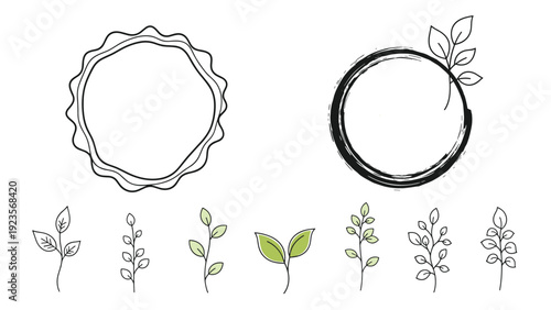 Set of hand drawn botanical frames and floral elements includes leafy branches, circular wreaths, and simple green sprigs on a white background.