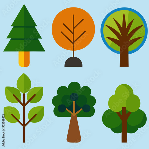 Flat Design Tree Icons Set for Nature and Environmental Concepts. Diverse Vector Illustrations of Plants, Forests, and Seasons.