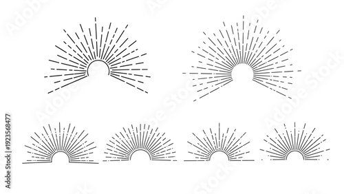 Diverse collection of hand drawn sunburst and sunrise icons features radiating lines of varying lengths, symbolizing dawn, hope, and energy.