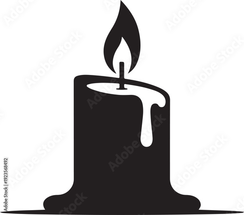A single black silhouette of a burning candle with dripping wax and a bright flame against a stark white backgroundisolated on transparent background