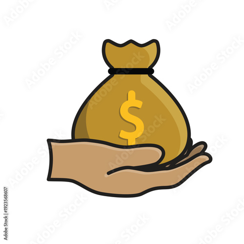 Income icon. Finance. Money bag with dollar symbol in hand. Economic, business, accounting. Isometric design style