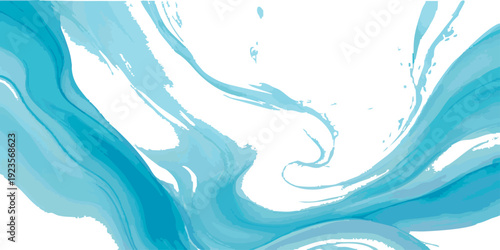 Vector Abstract artwork featuring stylized, flowing, azure water against a white backdrop. The brushstrokes create a sense of movement and tranquility. Design