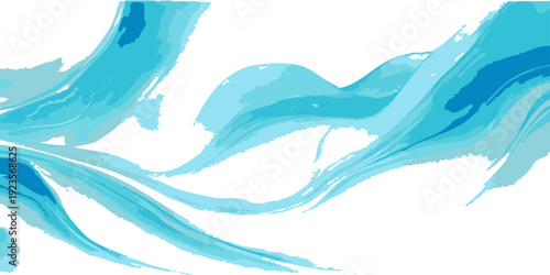 Vector Abstract blue watercolor brushstrokes, resembling fluid ribbons or waves, create a dynamic and artistic visual effect against a solid white backdrop. Design