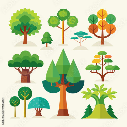 Diverse Flat Design Trees Vector Collection. Stylized Nature and Forest Elements for Modern Graphic Design and Environmental Themes.