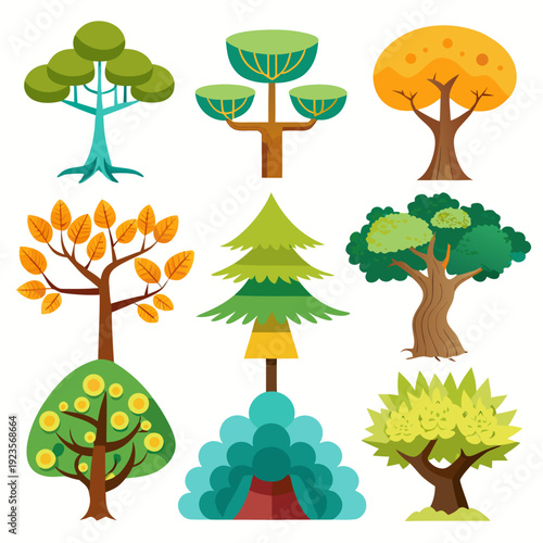 Diverse Stylized Trees Vector Collection. Colorful Flat Design Forest Elements, Cartoon Nature Icons, Evergreen and Deciduous Plants for Games, Apps, and Education.
