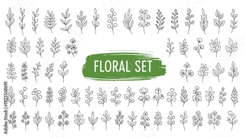 Comprehensive collection of hand drawn floral elements and botanical sketches is presented around a green central banner labeled floral set.