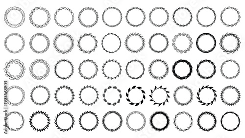 Large collection of fifty circular wreaths features various hand drawn leaf and branch designs, ranging from simple to intricate floral patterns.