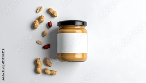 Peanut butter jar w/blank label, peanuts scattered on white background