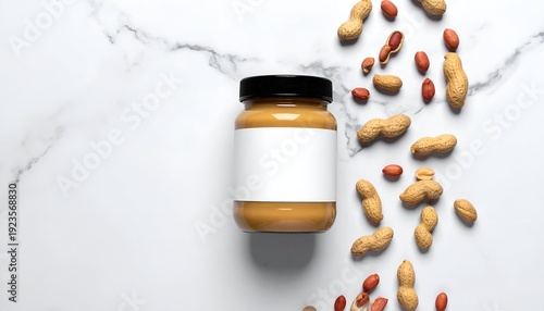Peanut butter jar with blank label surrounded by peanuts on marble surface