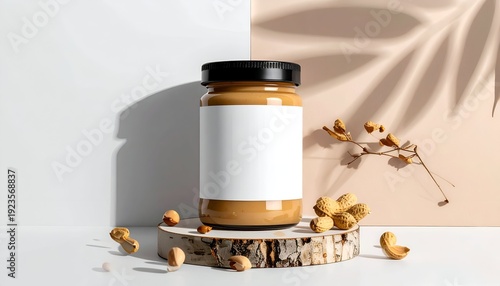 Peanut butter jar with blank label on wood platform