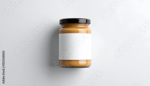 Peanut butter jar with blank label and black lid on a white background