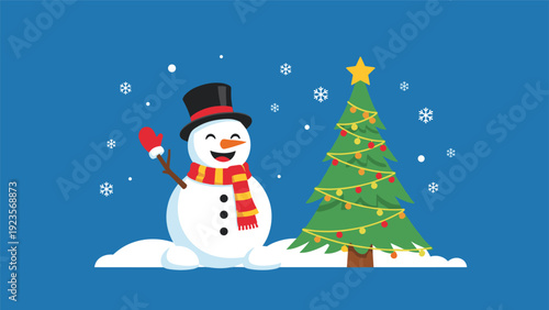 Joyful snowman wearing a black top hat and red scarf waves a hand next to a decorated Christmas tree with a star on top under falling snow.