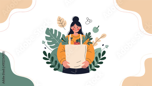 Young woman standing proudly while holding a large reusable fabric tote bag filled to the brim with fresh organic vegetables.