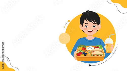 Smiling young boy wearing a blue shirt presents a healthy bento lunch box filled with sandwiches, fruits, and fresh vegetables.