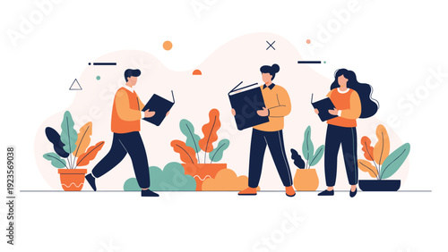 Group of students standing and focused on reading large books in a modern indoor space decorated with potted green plants.