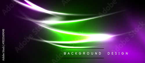 Abstract neon waves, vibrant purple, green hues. Dynamic light effects create modern background design. Smooth gradients, sleek presentation.