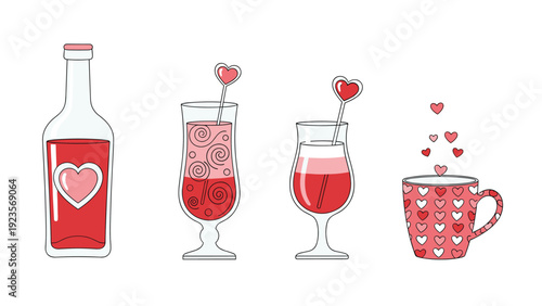 Assorted red and pink Valentine-themed beverages including a wine bottle, glasses, and a heart-patterned mug for romantic celebrations.