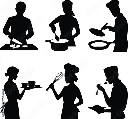 Black silhouettes of people cooking and serving food