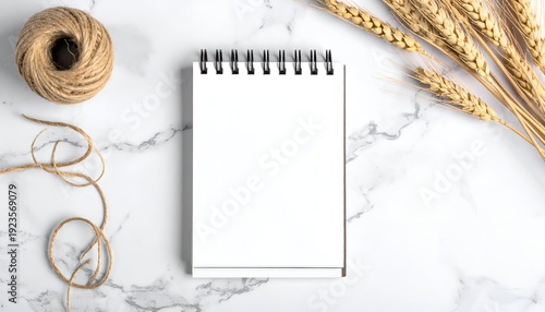 Blank spiral notebook on marble with twine and wheat