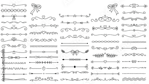 Extensive collection of hand-drawn decorative page dividers, elegant flourishes, and dainty bows for creative graphic design projects.
