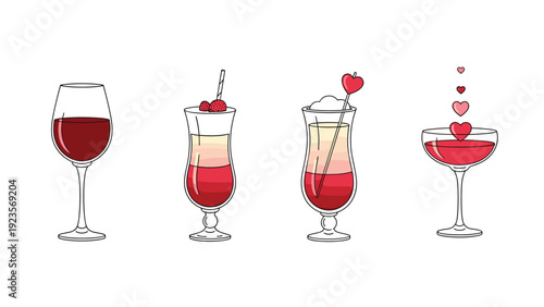 Elegant set of various wine and cocktail glasses filled with red liquid and decorated with romantic heart-shaped garnishes.