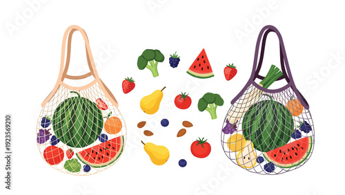Arrangement of fresh organic fruits and vegetables surrounding two reusable mesh shopping bags promoting a sustainable lifestyle.