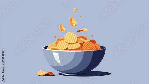 Golden rippled potato chips falling gracefully into a large blue bowl set against a clean and minimalist light blue background.