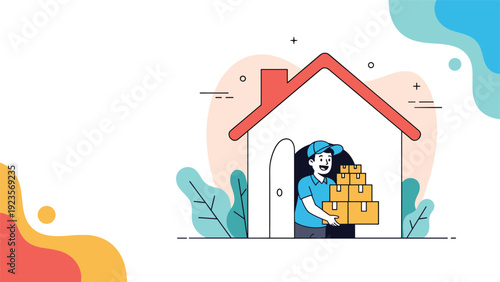 Delivery person carrying a large stack of cardboard boxes while stepping out of a modern house to complete a customer shipment.