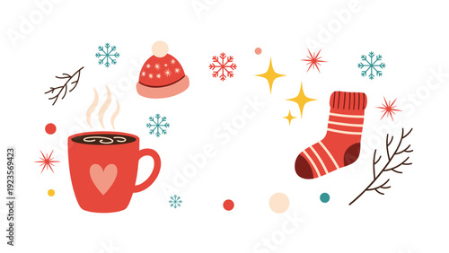 Cozy winter elements including a red mug of hot chocolate, a knit hat, a warm striped sock, snowflakes, and festive branches.