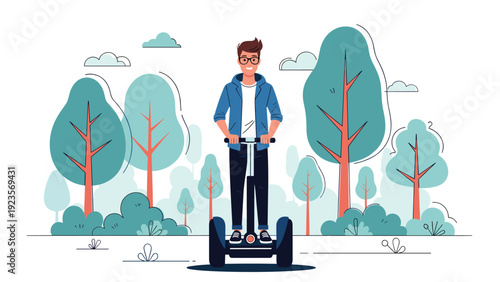 Cheerful young man wearing glasses and a blue hoodie riding a self-balancing personal transporter through a lush green city park.