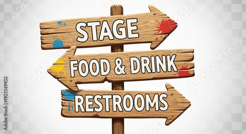 Rustic wooden signpost with colorful arrows pointing to stage food and drink restrooms at festival or event