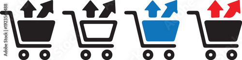 Collection of shopping cart icons with upward pointing arrows indicating growth or increased sales and purchases over time