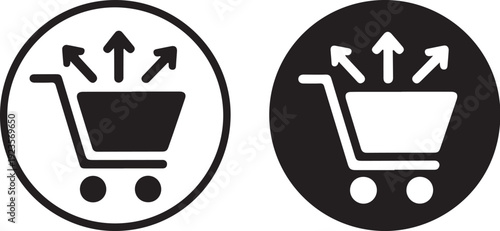 Shopping cart icons with arrows going up in white and black circles for business and ecommerce
