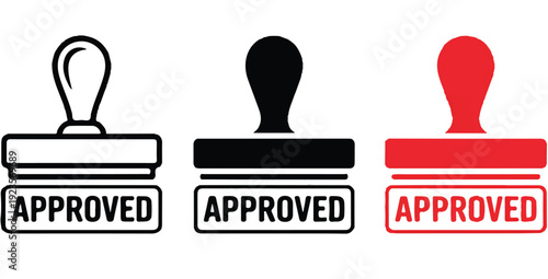 Three approved rubber stamp icons in black red and white colors for approval concepts
