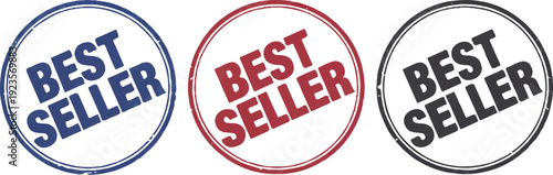 Three distressed circular stamps with the words Best Seller in bold blue red and black text for marketing purposes