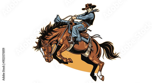 Bucking Bronco Rodeo Cowboy Riding Wild Horse with Lasso, Western Action
