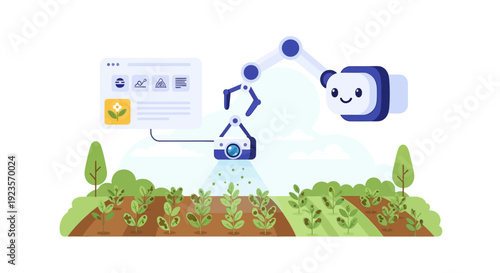 Smart Farming Robot Analyzing Crop Health Data. Precision Agriculture Automation with AI Technology for Plant Disease Monitoring and Detection.