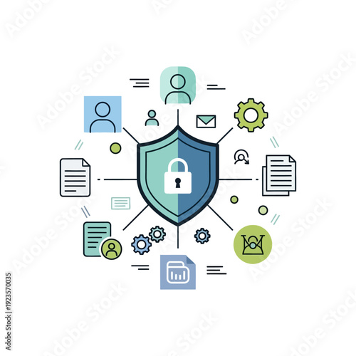 Shield with lock and protection icons.