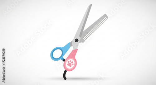 Colorful pet grooming scissors with paw print design cutting black hair on white background