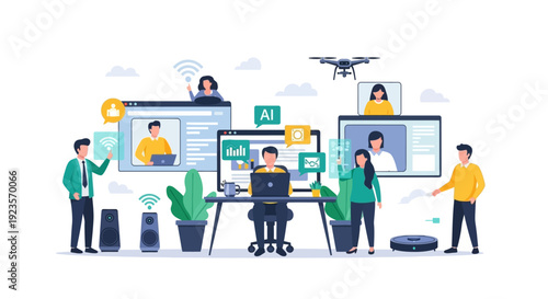 AI-Powered Digital Ecosystem: People collaborating with smart technology, IoT devices, data analytics, and remote work solutions vector illustration.