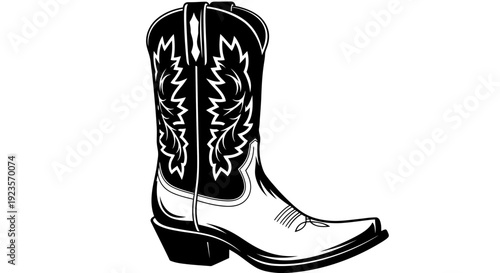 Classic Western Cowboy Boot Silhouette with Decorative Stitching on White Background