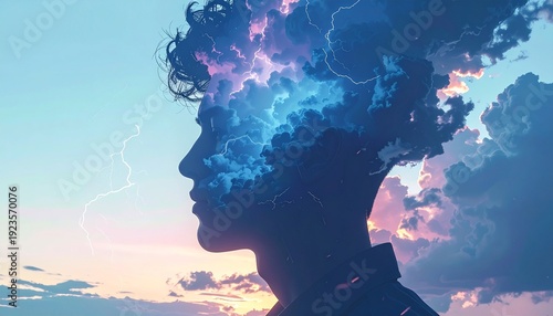 Abstract double exposure of a person's head filled with stormy clouds and lightning against a colorful sky, symbolizing thoughts and emotions.