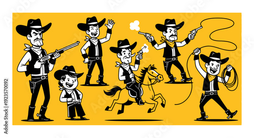 Cartoon Cowboys in Western Style Poses with Guns and Lassoes on Yellow Background