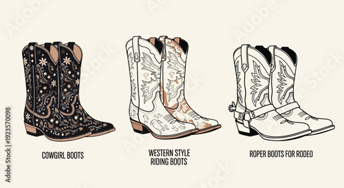 Collection of Cowboy Boots: Cowgirl, Western Riding, and Rodeo Roper Styles