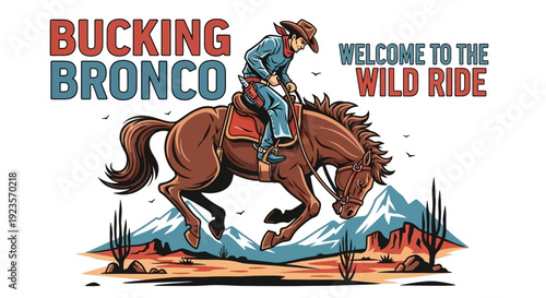 Cowboy Riding a Bucking Bronco in a Wild West Desert Landscape