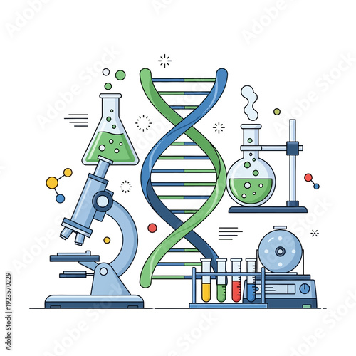 Science laboratory equipment, DNA helix, microscope, test tubes, and flasks with green liquid