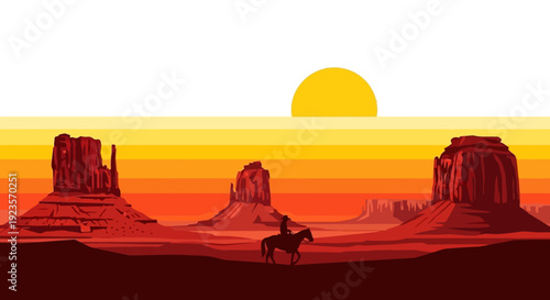Cowboy Riding Horse in Monument Valley Desert Landscape at Sunset