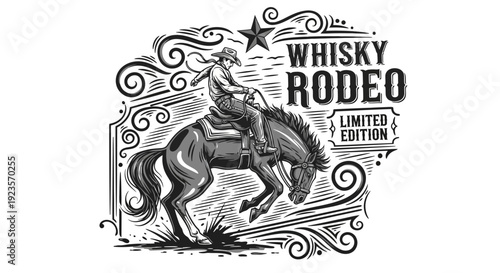 Cowboy Riding Bucking Horse in Rodeo with "Whisky Rodeo Limited Edition"