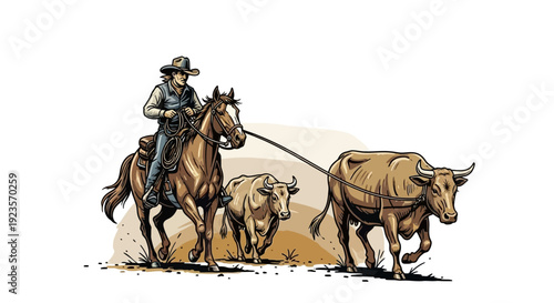 Cowboy Riding Horse Herding Cattle on a Dusty Plain in Western Style Art