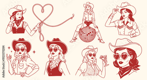 Cowgirl Icon Set with Lasso, Disco Ball, and Heart Sunglasses - Vector Art